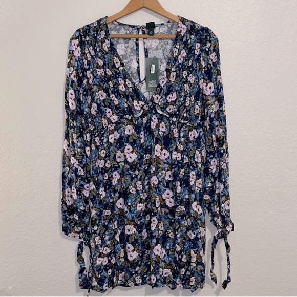 NWT Women’s Navy Floral Print Long Sleeve Tiered Babydoll Dress - Wild Fable M - Picture 2 of 7